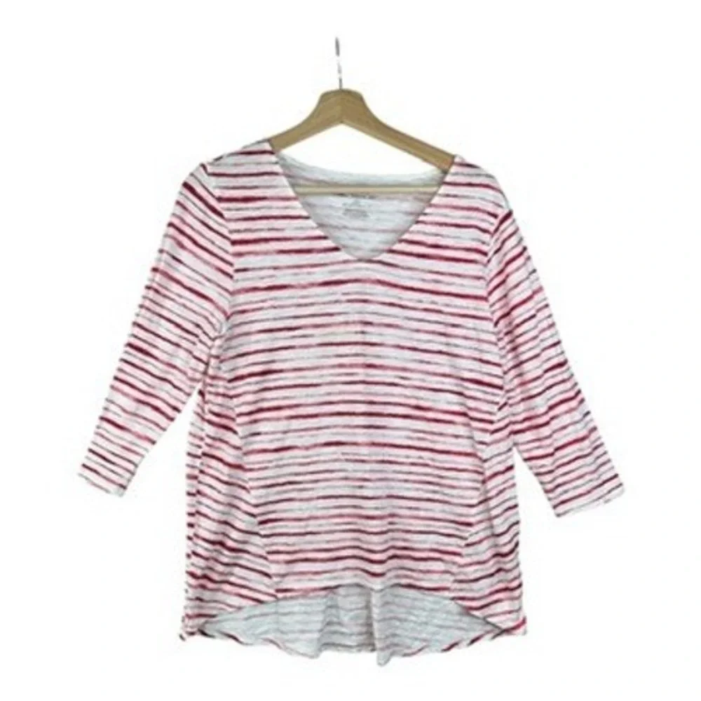 Chico's Striped V-neck 3/4‎ Sleeve Blouse size 1 Medium White/Red